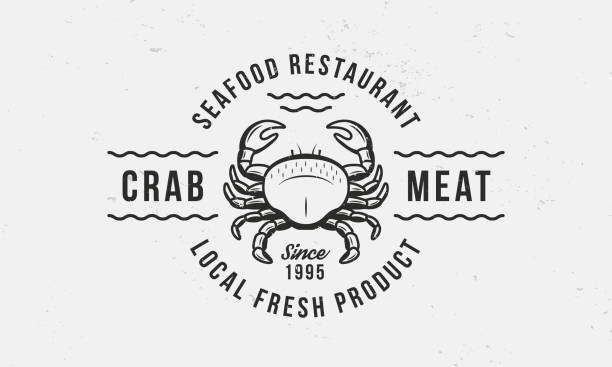 illustrazioni stock, clip art, cartoni animati e icone di tendenza di emblema carne di granchio vintage. logo ristorante di pesce, modello di poster. modello di illustrazione granchio per menu ristorante. illustrazione vettoriale - granchio