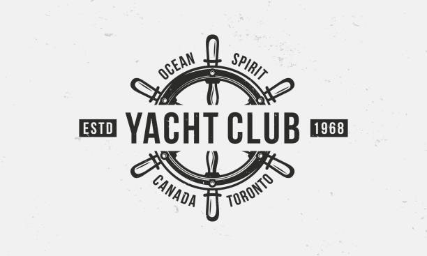 Yacht Club, Nautical logo, poster. Yachting vintage trendy logo with ship wheel. Vector emblem template. Vector illustration regatta stock illustrations