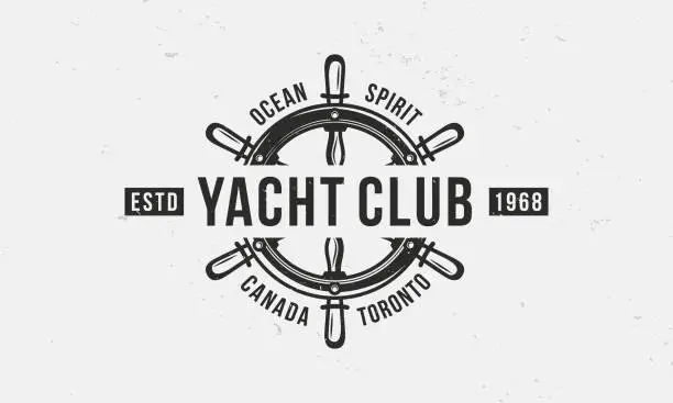 Vector illustration of Yacht Club, Nautical logo, poster. Yachting vintage trendy logo with ship wheel. Vector emblem template.