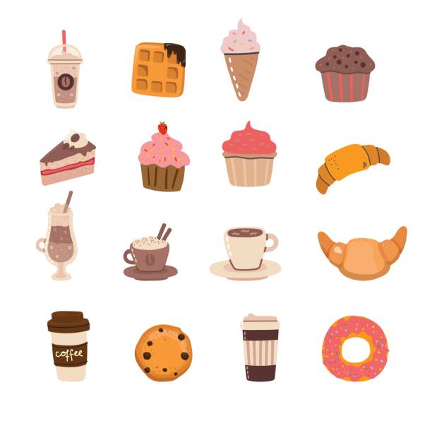 illustrazioni stock, clip art, cartoni animati e icone di tendenza di set di simpatici caffè e dessert personaggi in stile kawaii alla moda. porta via tazze, tazze e fagioli con bevande calde. - muffin coffee cartoon cake