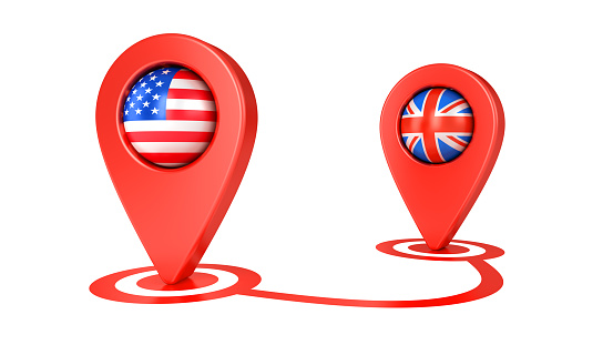 Red map pointers with flag USA and United Kingdom isolated on white background. Map pin icon. GPS place marker. Navigation and travel location. Start and end trip symbol.