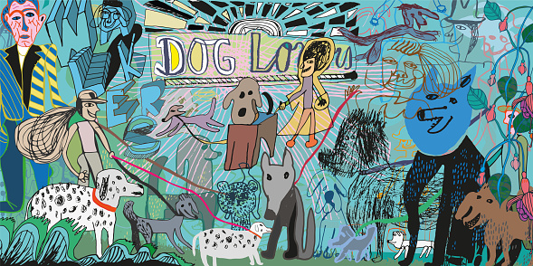 Hand drawn dogs and humans. Artwork of love for animals. Job/occupation for some