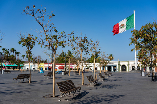 San Jose del Cabo, Baja Sur, Mexico - June 18th, 2021: Downtown square Plaza Mijares at San José del Cabo is a resort city on the southern tip of Mexico’s Baja California peninsula.  Plaza Mijares is in the heart of the historic district. Nearby art galleries exhibit work by local artists.