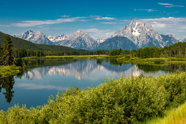 blick auf die tetons von the oxbow bend - snake river fotos stock-fotos und bilder