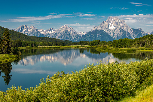 View of Mt. Moran from Oxbow Bend.  Mt. Moran is part of the Tetons Range in the Grand Teton National Park.  