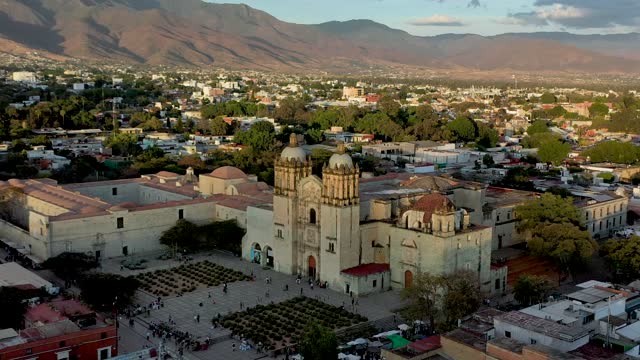 Templo de Santo Domingo is a Cathedral in Oaxaca, Mexico. Aerial drone video. Close view.