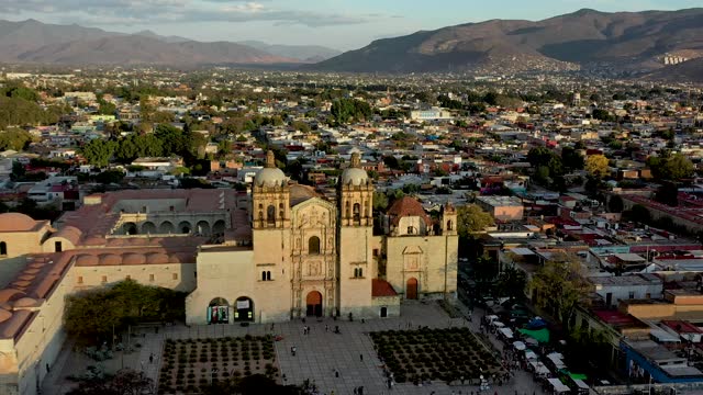 Templo de Santo Domingo is a Cathedral in Oaxaca, Mexico. Aerial drone video. Close view.