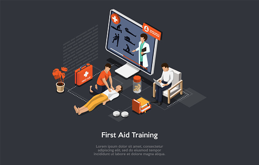 Illustration On Dark Background. Vector Composition, Cartoon 3D Style, Isometric Objects And Characters. Design On First Aid Remote Video Course, Professional Medical Help Online Training Concept