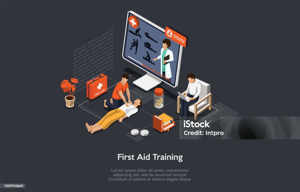 First Aid Visualisation Illustration On Dark Background Vector Composition Cartoon 3d Style ...
