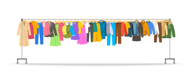 illustrazioni stock, clip art, cartoni animati e icone di tendenza di vestiti da uomo e da donna su un lungo appendiabiti rotolante - pants hanger hanging clothing