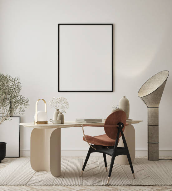 istock mock up poster frame in modern interior background, minimalistic style, home office, 3D render 1329742192