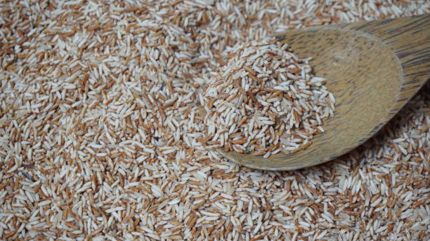 istock Mix of white rice and brown rice grain. 1329742337