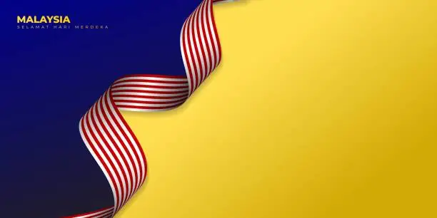 Vector illustration of Blue Yellow Background with waving Malaysian flag design. Malaysian Text mean is Happy Independence Day