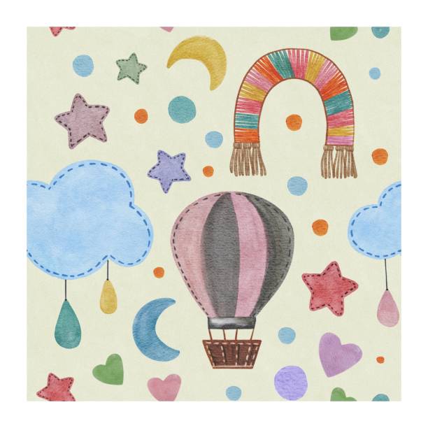 istock Hand drawing watercolor seamless pattern cute children’s greeting card with rainbow, star, moon, balloon. Use for poster, print, postcard, card, invitation, fabric, textile, design 1329744423
