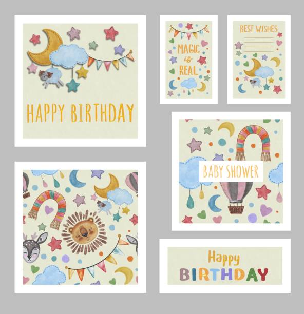 istock Hand drawing watercolor cute children’s greeting card with lion, deer, rainbow, star, moon, sheep, balloon. Use for poster, print, postcard, card, invitation, fabric, textile, design 1329744425