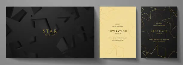 Vector illustration of Black star invitation, cover design set. Luxury gold line star pattern background