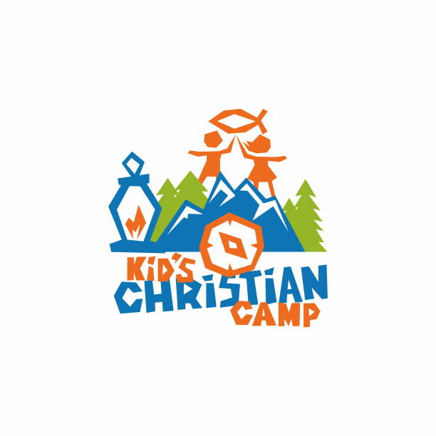 ilustrações de stock, clip art, desenhos animados e ícones de logo of kid's christian camp. fish is a sign of jesus, children, mountains and a compass. - youth organization