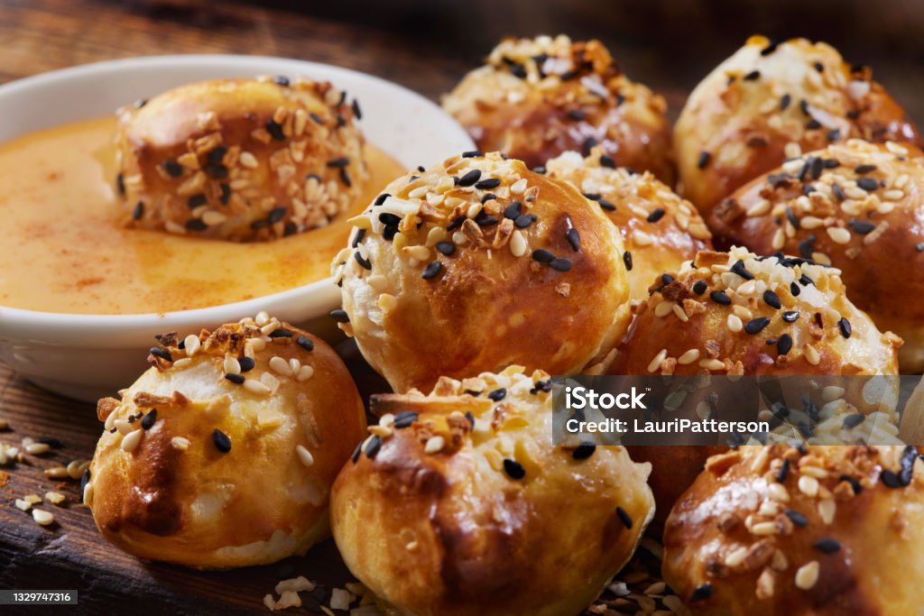 Everything Bagel Spiced Pretzel Bites Soft and Chewy Pretzel Bites with Everything Bagel Seasoning and Cheese Dip Pretzel Stock Photo