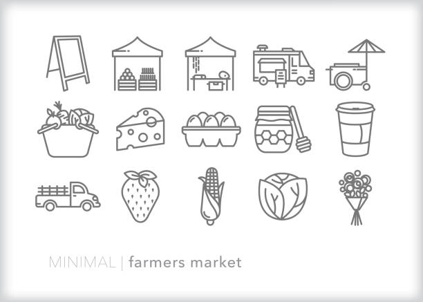 ilustrações de stock, clip art, desenhos animados e ícones de farmers market icons - market fruit strawberry farmers market