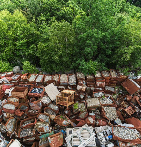 A wide angle drone view of a scrap metal (aluminum/steel/copper) depot.