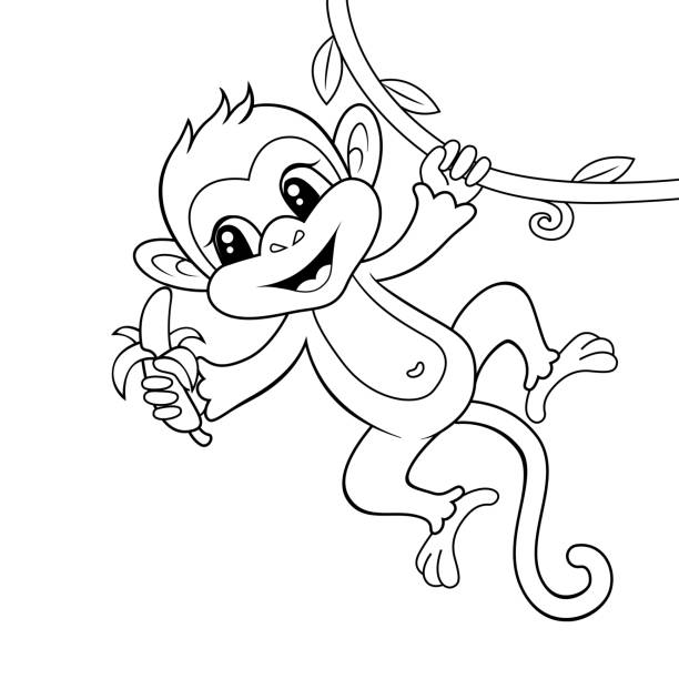 Cute monkey with banana. Black and white vector illustration for coloring book Black and white vector illustration for coloring book Coloring Book stock illustrations