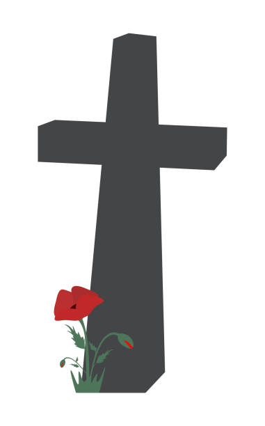 Black cross with red poppies. Black cross with red poppies. Memory symbol Cemetery headstone. Minimal vector illustration for Remembrance Day, Anzac Day. Isolated on white background military funeral stock illustrations