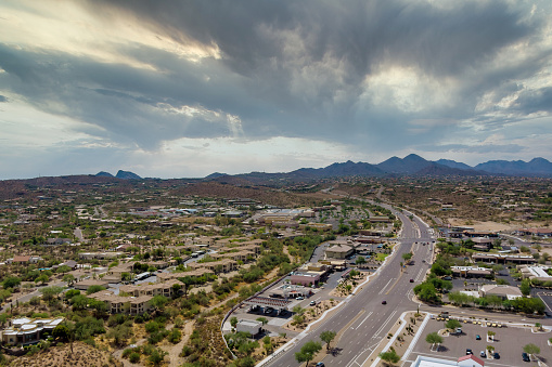 Aerial view panorama of a Fountain Hills small town residential district at suburban development near mountain desert in Arizona USA