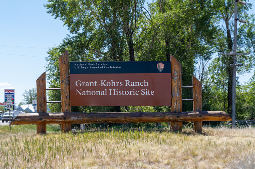 Deer Lodge, Montana - June 30, 2021: Sign for the Grant-Kohrs Ranch National Historic Site, taken on a sunny day