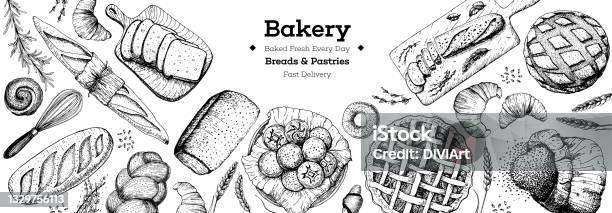 Bakery Background Bakery Top View Frame Hand Drawn Sketch With Bread Pastry Sweet Bakery Set Vector Illustration Background Design Template Engraved Food Image Black And White Package Design Stok Vektör Sanatı & Ekmek‘nin Daha Fazla Görseli