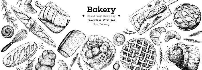 Bakery background. Bakery top view frame. Hand drawn sketch with bread, pastry, sweet. Bakery set vector illustration. Background design template . Engraved food image. Black and white package design