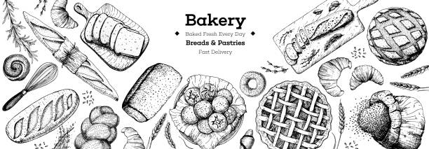 Bakery background. Bakery top view frame. Hand drawn sketch with bread, pastry, sweet. Bakery set vector illustration. Background design template . Engraved food image. Black and white package design. Bakery background. Bakery top view frame. Hand drawn sketch with bread, pastry, sweet. Bakery set vector illustration. Background design template . Engraved food image. Black and white package design bread stock illustrations