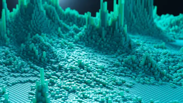 Abstract landscape made of tiny blue cubes