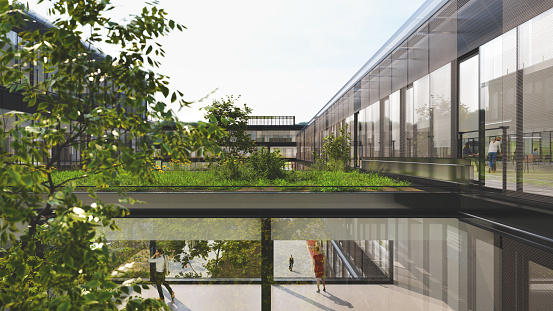A sustainable green office building with a green roof. All items in the scene are 3D