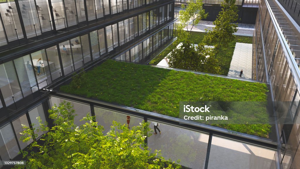 Green building A sustainable green office building with a green roof Living Roof Stock Photo