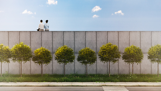 Two people sitting on a high concrete wall and looking in the distance. All items in the scene are 3D