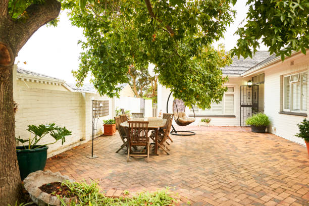 Comfortable backyard dining area of a contemporary home