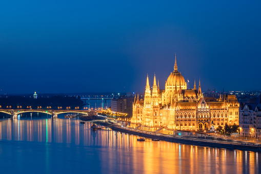 Side view of the Hungarian Parliament building illuminated in Budapest, during blue hour, horizontal