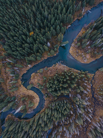 Aerial view of snaking river in Alaska