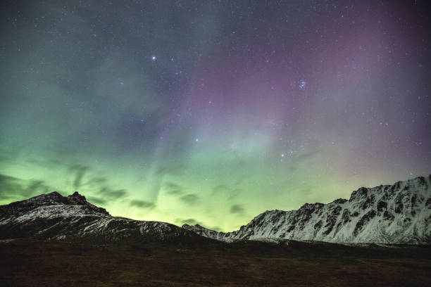 istock Multi colored Northern Lights above snowy mountains of Alaska 1329763921