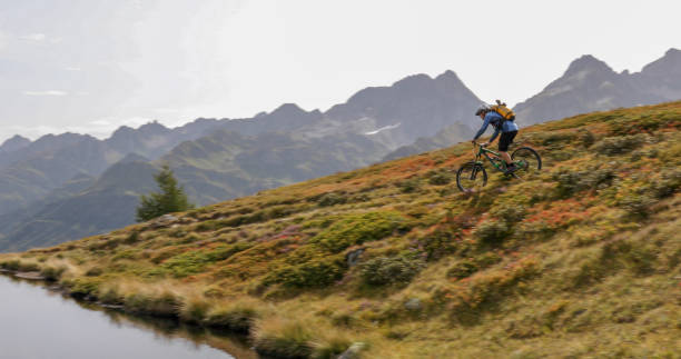 istock Mountain biker rides through alpine meadow 1329764177
