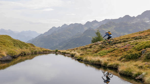 istock Mountain biker rides through alpine meadow 1329764184
