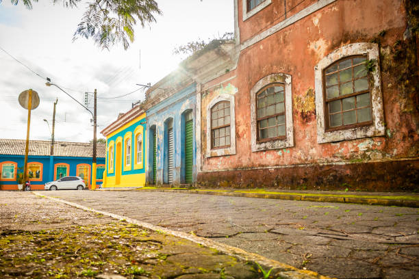 Cananéia, São Paulo, Brazil. Colonial architecture and colorful houses Urban landscape with colonial architecture period houses, located in the historic center of the city of Cananéia, Brazil. period property photos stock pictures, royalty-free photos & images