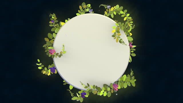 Growing plants and vines animation on black background with an animated blank circle shape in the center. Copy space to insert elements