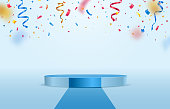istock Blue stage podium with falling down colorful confetti on light background. Winner congratulations pedestal template vector illustration. 1329767370