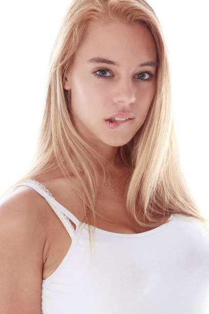 portrait of white girl on white with white tank top - tank top fotos imagens e fotografias de stock