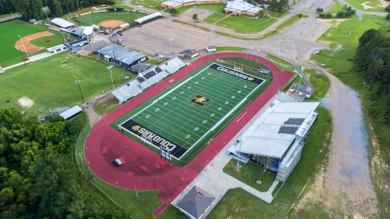 Flowood, MS - July 9, 2021: Aerial view of  Northwest Rankin High School Football Stadium in Flowood, MS in Rankin County.