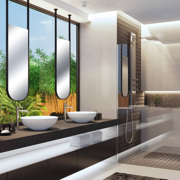 istock Modern minimalist bathroom with garden 1329769405