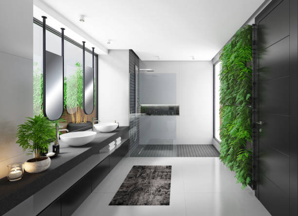 istock Modern minimalist bathroom with garden 1329769428