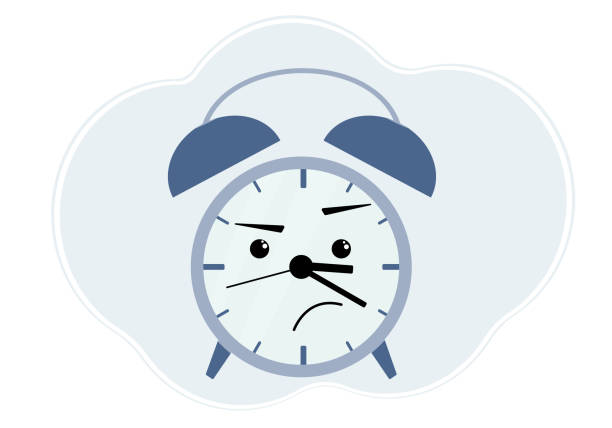 Blue alarm clock illustration with anger and displeasure emotion Vector illustration of blue alarm clock with emotion of anger and displeasure clip art of a yuck mouth stock illustrations