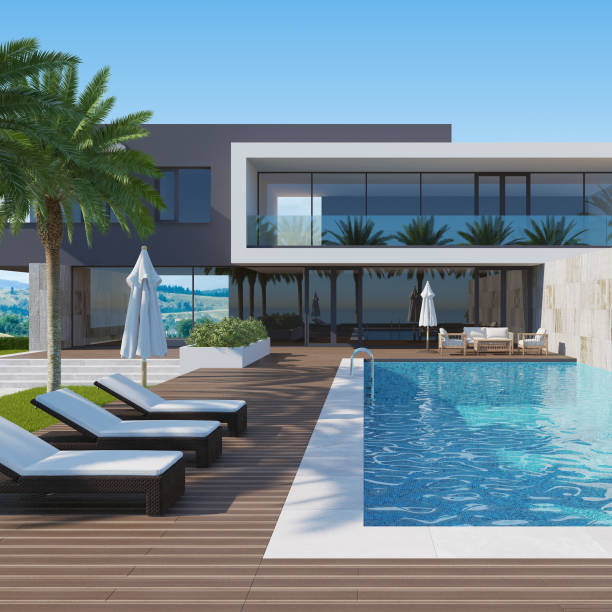 istock Modern Luxurious Villa with garden and swimming pool. 1329771880